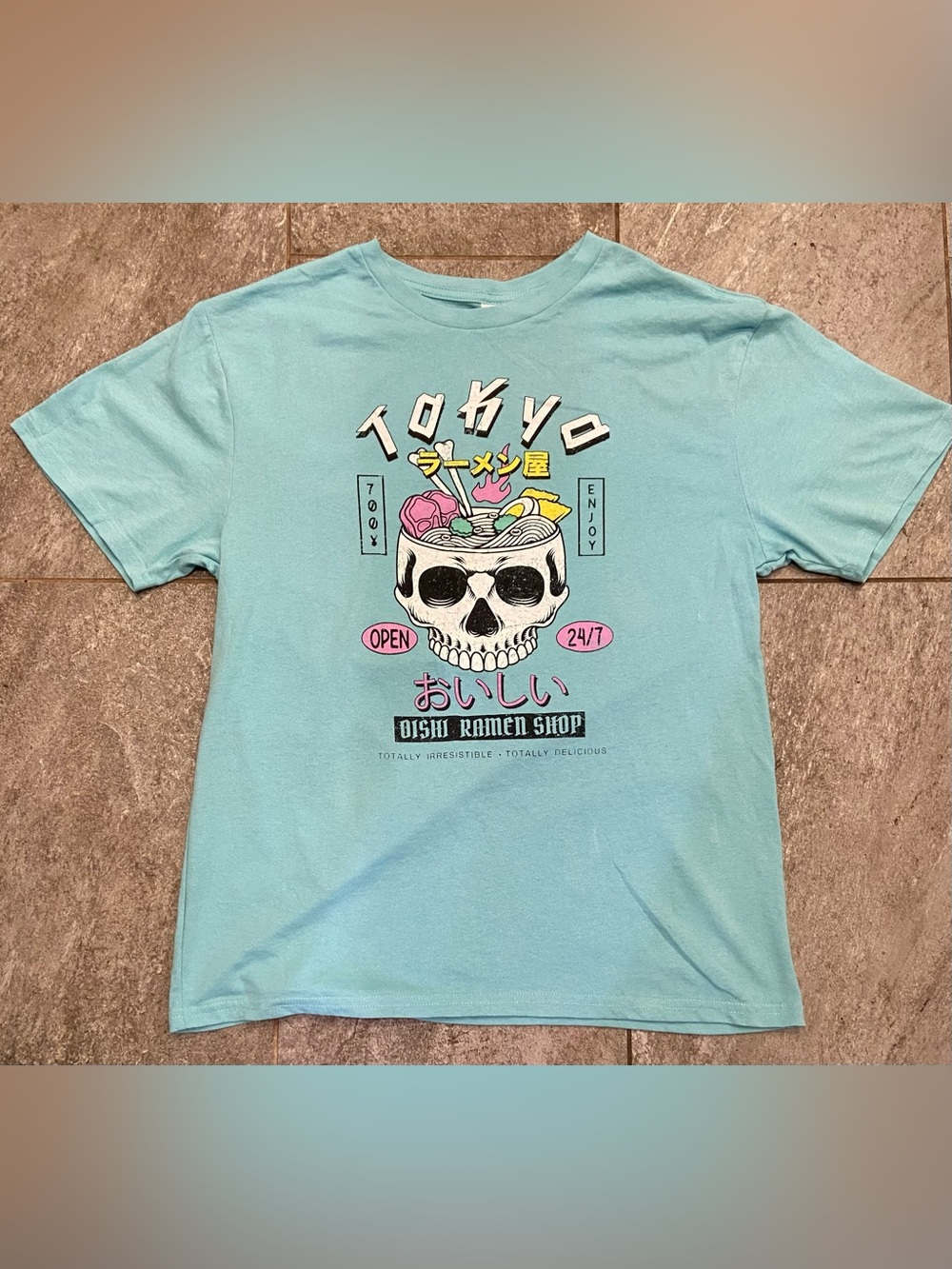 Tokyo Skull Ramen Graphic Tee - Light Blue - Women’s Large